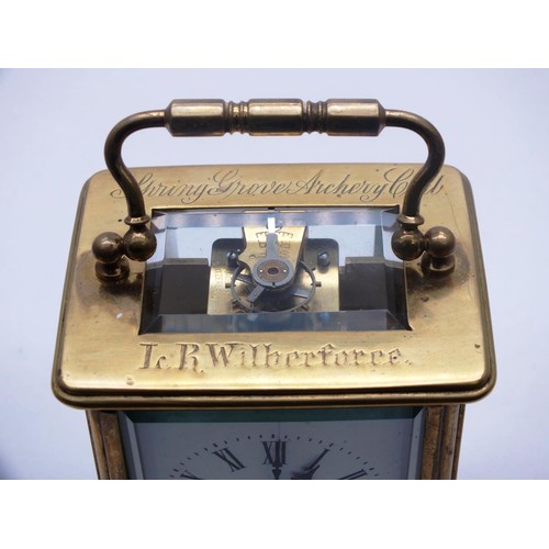 120 - BRASS CARRIAGE CLOCK WITH KEY (NOT WORKING) L.R WILBERFORCE GRANDSON OF WILLIAM WILBERFORCE BRITISH ... 