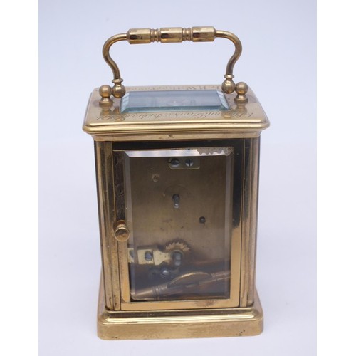 120 - BRASS CARRIAGE CLOCK WITH KEY (NOT WORKING) L.R WILBERFORCE GRANDSON OF WILLIAM WILBERFORCE BRITISH ... 