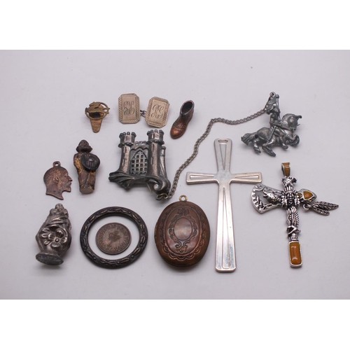 209 - PEWTER KNIGHT & CASTLE TALLIT CLIPS, PEWTER AXE PENDANT, COPPER LOCKET, 9ct GOLD ON SILVER CUFFLINK ... 