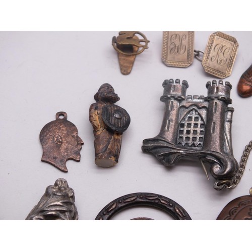 209 - PEWTER KNIGHT & CASTLE TALLIT CLIPS, PEWTER AXE PENDANT, COPPER LOCKET, 9ct GOLD ON SILVER CUFFLINK ... 