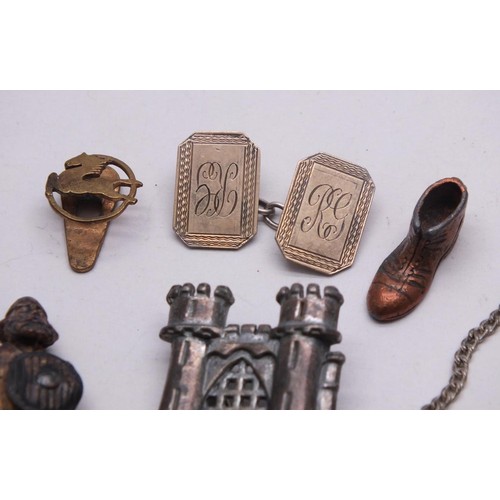 209 - PEWTER KNIGHT & CASTLE TALLIT CLIPS, PEWTER AXE PENDANT, COPPER LOCKET, 9ct GOLD ON SILVER CUFFLINK ... 