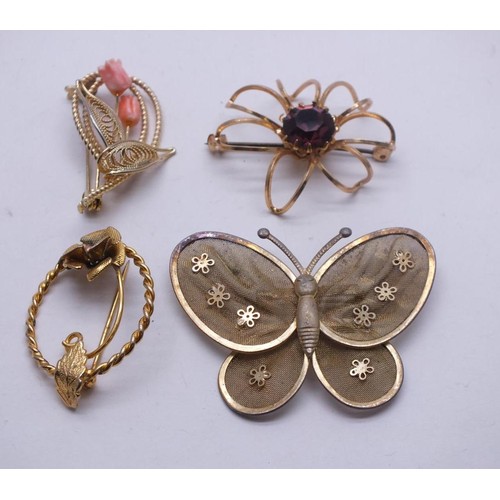 212 - FOUR VINTAGE GOLD TONE BROOCHES INCLUDES FILIGREE WITH PINK CORAL FLOWERS & BUTTERFLY