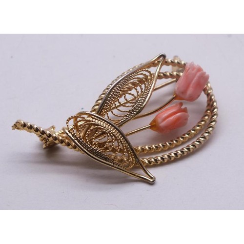 212 - FOUR VINTAGE GOLD TONE BROOCHES INCLUDES FILIGREE WITH PINK CORAL FLOWERS & BUTTERFLY