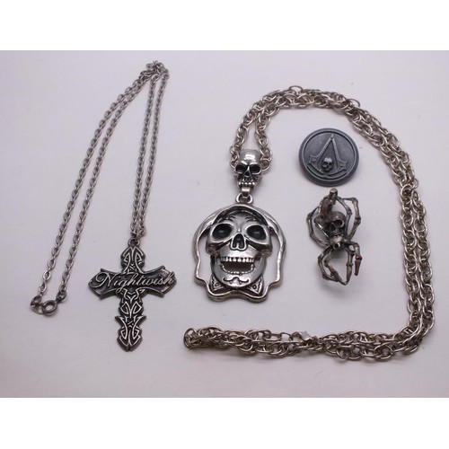 217 - 4 ITEMS OF GOTHIC JEWELLERY INCLUDES LARGE SILVER TONE SKULL NECKLACE & SPIDER/SKULL PENDANT