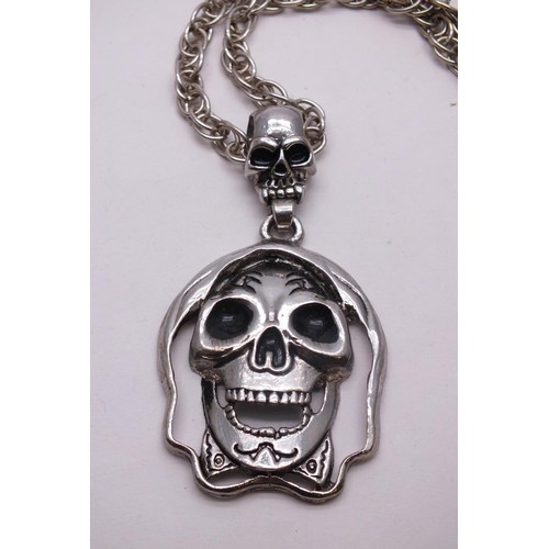 217 - 4 ITEMS OF GOTHIC JEWELLERY INCLUDES LARGE SILVER TONE SKULL NECKLACE & SPIDER/SKULL PENDANT