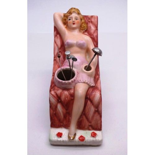 39 - NOVELTY CERAMIC BATHING LADY HAT PIN STAND & HAT PINS