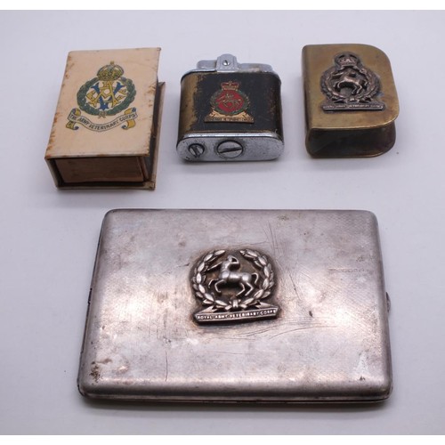 77 - WW2 ARMY VETERINARY CORPS SMOKERS ITEMS, MATCHBOX COVERS, LIGHTER, CIGARETTE CASE