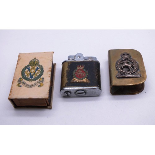 77 - WW2 ARMY VETERINARY CORPS SMOKERS ITEMS, MATCHBOX COVERS, LIGHTER, CIGARETTE CASE