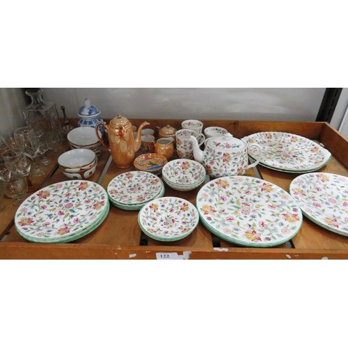 122 - SHELF LOT OF VARIOUS CROCKERY, I.I. MINTON GLASSWARE, CHINESE, JAPANESE, COFFEE POT AND DISHES