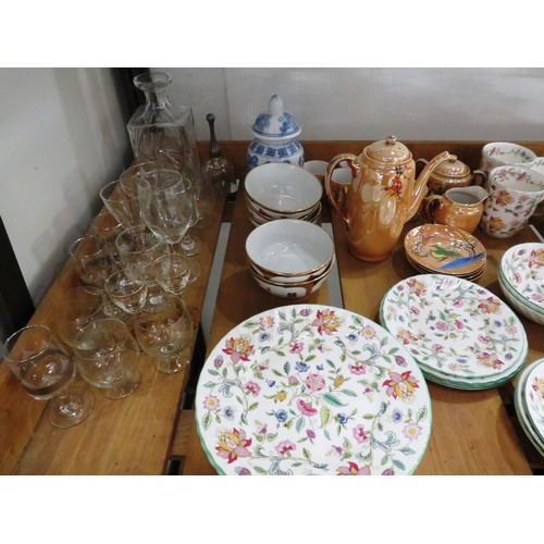 122 - SHELF LOT OF VARIOUS CROCKERY, I.I. MINTON GLASSWARE, CHINESE, JAPANESE, COFFEE POT AND DISHES