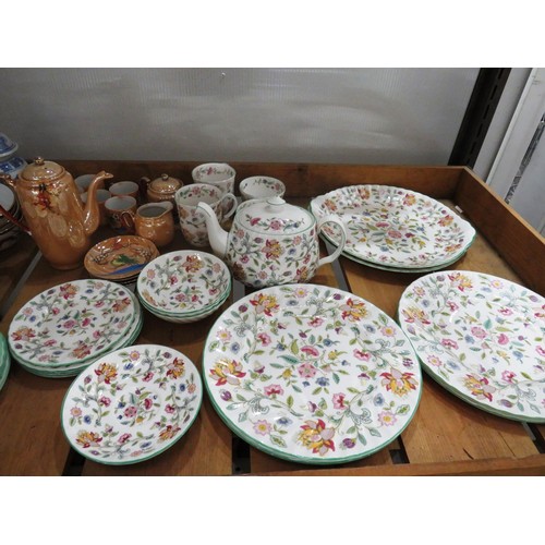 122 - SHELF LOT OF VARIOUS CROCKERY, I.I. MINTON GLASSWARE, CHINESE, JAPANESE, COFFEE POT AND DISHES