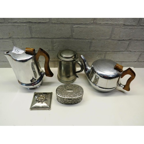 128 - SILVER PLATED TRINKET BOX PICQUET WARE TEAPOT, COFFEE POT AND ONE OTHER