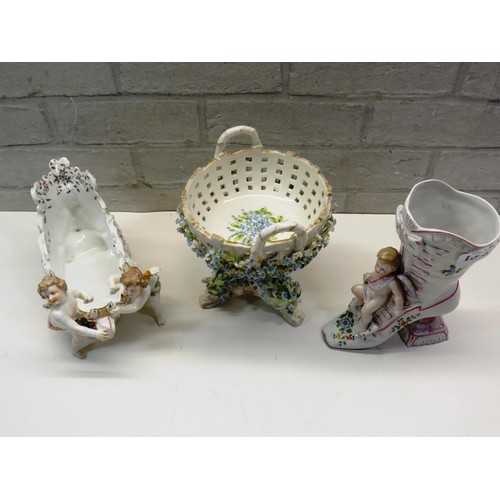 139 - THREE VICTORIAN CERAMICS INCLUDING CHERUB DISH, PEDESTAL FORGET ME NOT DISH