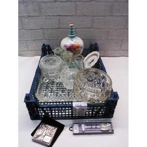 164 - VINTAGE CUT GLASS DRESSING TABLE SET AND VINTAGE CERAMIC MONEY BOX, SILVERPLATE COMPACT AND SPOON ET... 