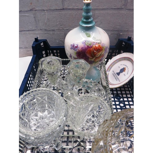 164 - VINTAGE CUT GLASS DRESSING TABLE SET AND VINTAGE CERAMIC MONEY BOX, SILVERPLATE COMPACT AND SPOON ET... 