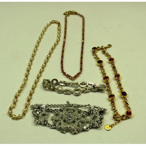 253 - TWO DIAMANTE BRACELETS & THREE GOLDTONE NECKLACES