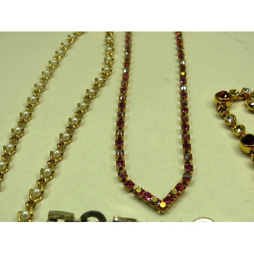 253 - TWO DIAMANTE BRACELETS & THREE GOLDTONE NECKLACES