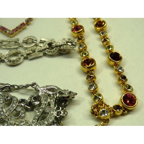 253 - TWO DIAMANTE BRACELETS & THREE GOLDTONE NECKLACES