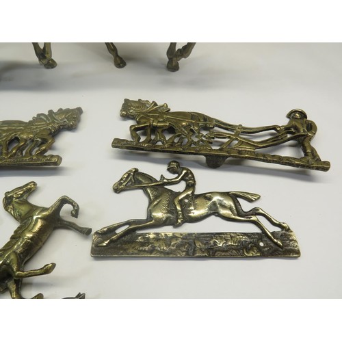 196 - SELECTION OF VINTAGE HORSE THEME BRASSWARE, PAIR OF BRASS HORSES, COAT HOOKS, CART WITH COAL ETC