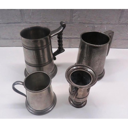 197 - FOUR VINTAGE TANKARDS, THREE PEWTER