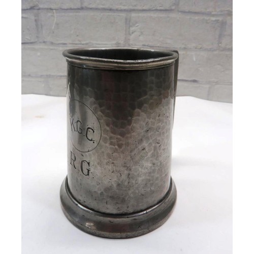 197 - FOUR VINTAGE TANKARDS, THREE PEWTER