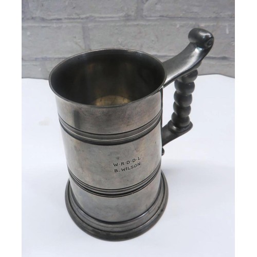 197 - FOUR VINTAGE TANKARDS, THREE PEWTER