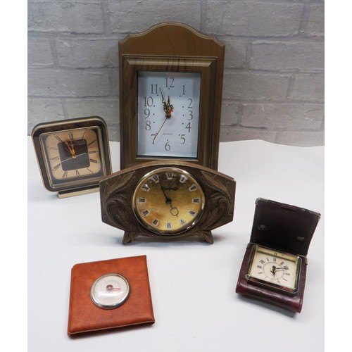 199 - FIVE VINTAGE CLOCKS INCLUDES WESTCLOX CARVED WOOD