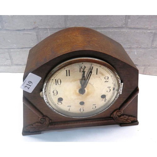 219 - VINTAGE WOOD CASED ART DECO MANTEL CLOCK WITH KEY - NEEDS ATTENTION