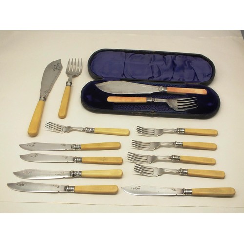 99 - LARGE LOT OF SILVER COLLAR,  BONE HANDLED CUTLERY  INCLUDING BOXED FISH KNIFE & FORK SET ETC