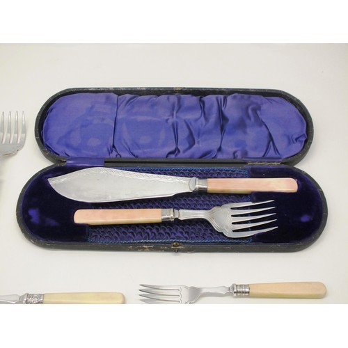 99 - LARGE LOT OF SILVER COLLAR,  BONE HANDLED CUTLERY  INCLUDING BOXED FISH KNIFE & FORK SET ETC