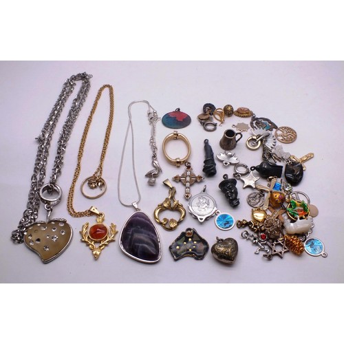 180 - LARGE SELECTION OF PENDANTS, NECKLACES INCLUDING CAMEO, MOP, ENAMEL ETC