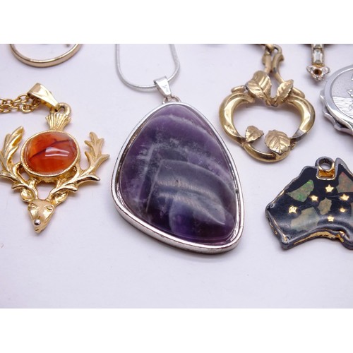 180 - LARGE SELECTION OF PENDANTS, NECKLACES INCLUDING CAMEO, MOP, ENAMEL ETC