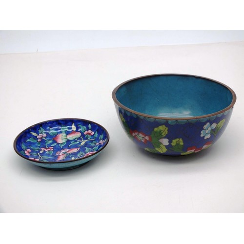 185 - TWO ANTIQUE CHINESE ENAMELED CLOISONNE RICE BOWL, TRINKET DISH