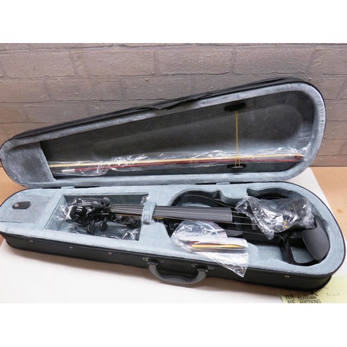 223 - VANGOA NEW ELECTRIC VIOLIN WITH HEADPHONES, CHIN REST, EBONY FITTINGD, CARRY CASE, AUDIO CABLE, ROSI... 