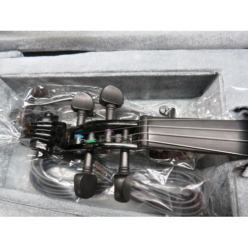 223 - VANGOA NEW ELECTRIC VIOLIN WITH HEADPHONES, CHIN REST, EBONY FITTINGD, CARRY CASE, AUDIO CABLE, ROSI... 