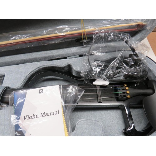 223 - VANGOA NEW ELECTRIC VIOLIN WITH HEADPHONES, CHIN REST, EBONY FITTINGD, CARRY CASE, AUDIO CABLE, ROSI... 