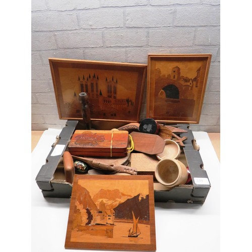 239 - BOX OF TRENCHING ETHNIC MARQUETRY PICTURES CANDLE STICKS ETC