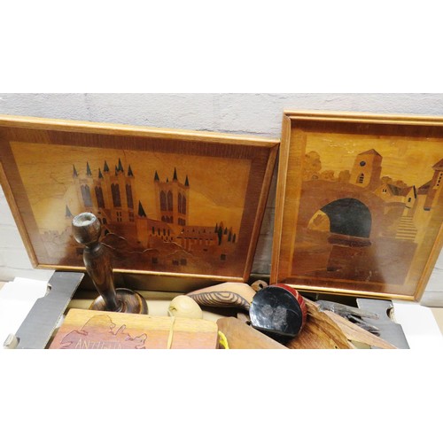 239 - BOX OF TRENCHING ETHNIC MARQUETRY PICTURES CANDLE STICKS ETC