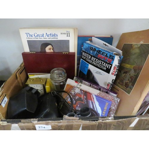 274 - BOX OF MISCELLANEOUS INCLUDES CLOCK, BOOKS, LIGHT UP MIRROR, BINOCULARS ETC