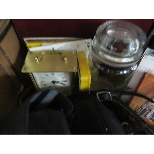 274 - BOX OF MISCELLANEOUS INCLUDES CLOCK, BOOKS, LIGHT UP MIRROR, BINOCULARS ETC