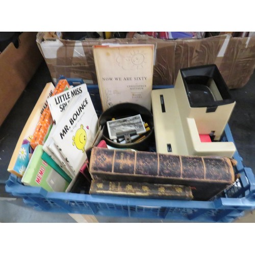 275 - BOX OF MISCELLANEOUS ITEMS INCLUDES MR MEN BOOKS, PHOTAX, POSTCARDS, PHOTOGRAPHS ETC