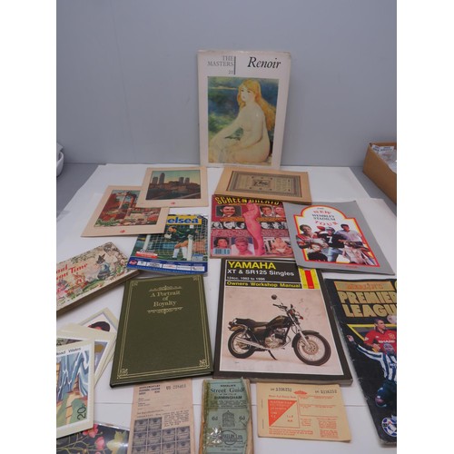 268 - TRAY OF BOOKS, MAGAZINES AND EPHEMERA INCLUDES CLOTHING COUPONS, YAMAHA MANUAL 1995 MERLINS FOOTBALL... 