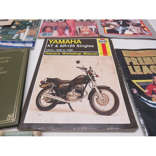 268 - TRAY OF BOOKS, MAGAZINES AND EPHEMERA INCLUDES CLOTHING COUPONS, YAMAHA MANUAL 1995 MERLINS FOOTBALL... 