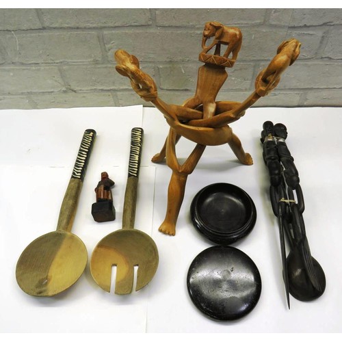 357 - VINTAGE WOODEN ITEMS INCLUDES AFRICAN BONE HANDLED SALAD SERVERS, CARVED WOOD ELEPHANT DETAIL FOLDIN... 