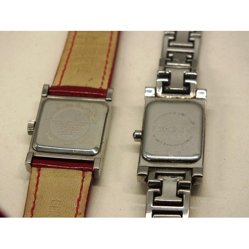 306 - 3x ASSORTED LADIES WATCHES TO INCLUDE EMPORIO ARMANI, DKNY AND SWATCH