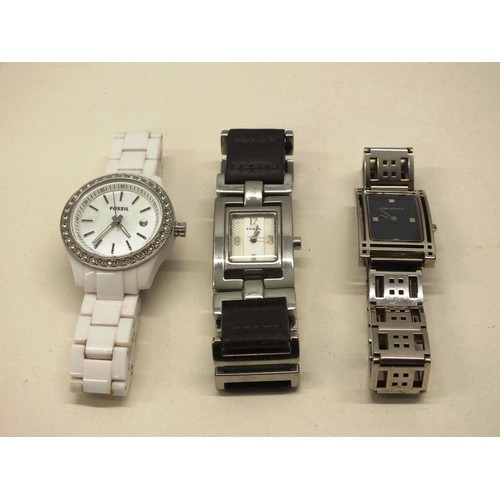 308 - 3x ASSORTED WRISTWATCHES TO INCLUDE RENNIE MACKINTOSH AND TWO FOSSIL WATCHES