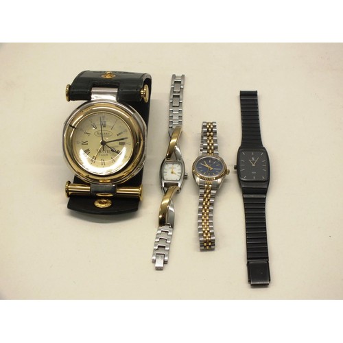 313 - 3x ASSORTED WATCHES TO INCLUDE DKNY, OLEG CASSINI AND PININFARINA PLUS A DALVEY TRAVEL CLOCK