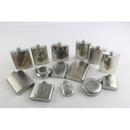 437 - 14 x Vintage BREWERIANA Hip Flasks Inc. Pewter, Stainless Steel, Engraved Etc