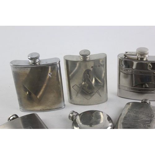 437 - 14 x Vintage BREWERIANA Hip Flasks Inc. Pewter, Stainless Steel, Engraved Etc