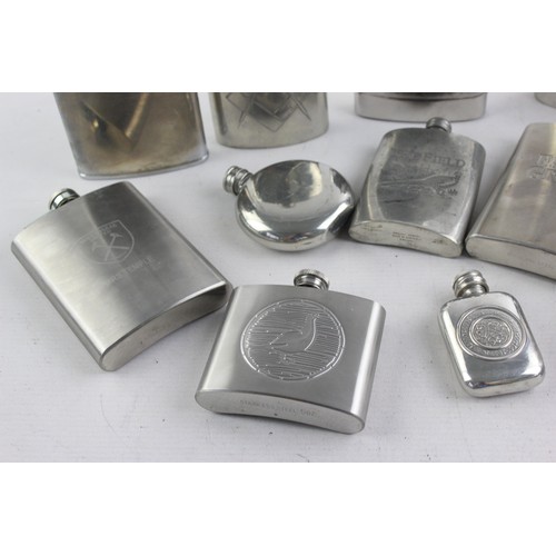 437 - 14 x Vintage BREWERIANA Hip Flasks Inc. Pewter, Stainless Steel, Engraved Etc